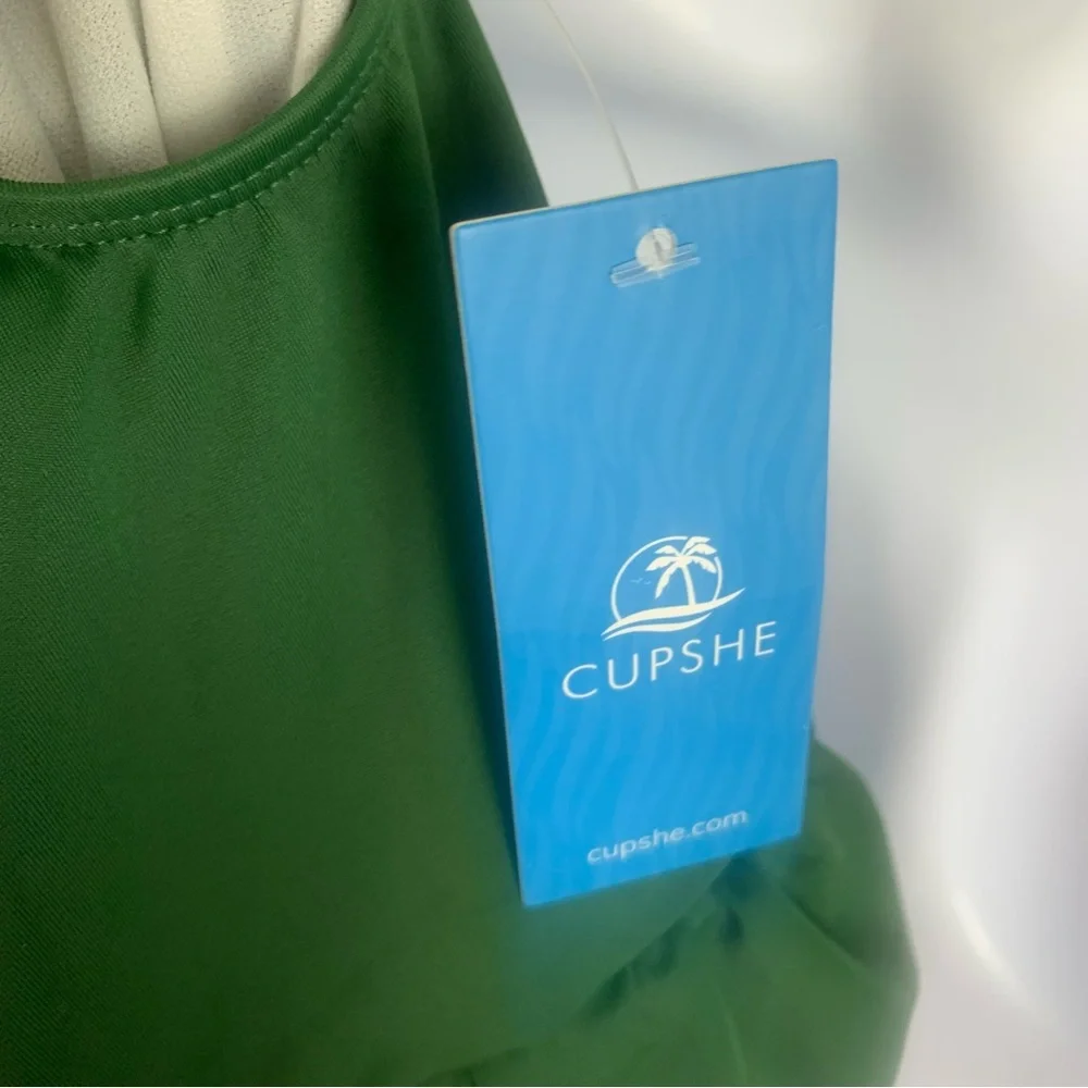 CUPSHE Women's Green Swimsuit One Piece High Neck Cutouts Lace Up Back Large NWT